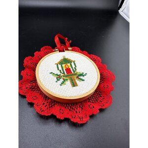 Completed Candle Cross Stitch Embroidery Christmas Ornament Hoop Red Lace‎